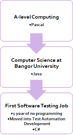 Diagram showing the different languages I learnt at various stages of my education and career. 

First learnt programming when I took a-level computing where I learnt pascal. 

Then I attended university where I learnt Java,, among other programming languages. 

On my first software testing job, I went a year without doing programming before moving into test automation. I had to program in C#.